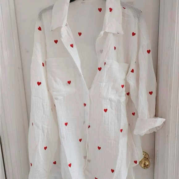 Cotton White Casual Shirt Embroidered Red Hearts Button Down Up Long Sleeve - Picture 10 of 16